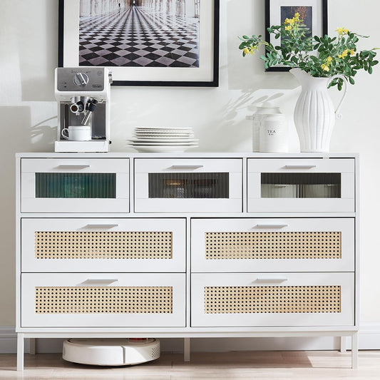 46.69" W Sideboard Buffet Cabinet with Rattan Drawers, Kitchen Storage Cabinet with Fluted Acrylic Door for Dining Room Hallway White 7 Drawers