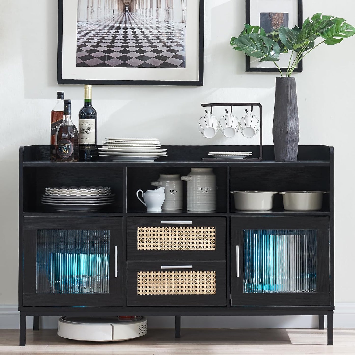 Sideboard Buffet Cabinet with LED Light, 46.69" W Modern Kitchen Storage Cabinet with Rattan Drawers and Acrylic Door for Dining Room Living Room Entryway, Black