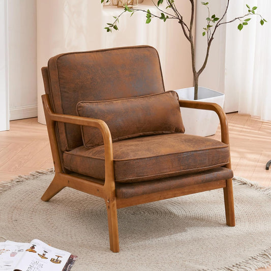 Mid Century Modern Accent Chair with Wood Frame Upholstered Lounge Bronzing Cloth Armchair Comfy Reading Leisure Chair with Cushion for Living Room Bedroom Balcony, Brown