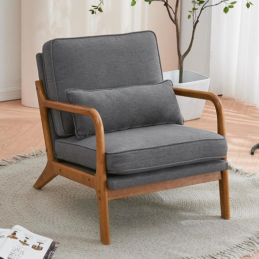 Mid Century Modern Accent Chair with Wood Frame Upholstered Lounge Linen Fabric Armchair Comfy Reading Leisure Chair with Cushion for Living Room Bedroom Balcony, Dark Grey