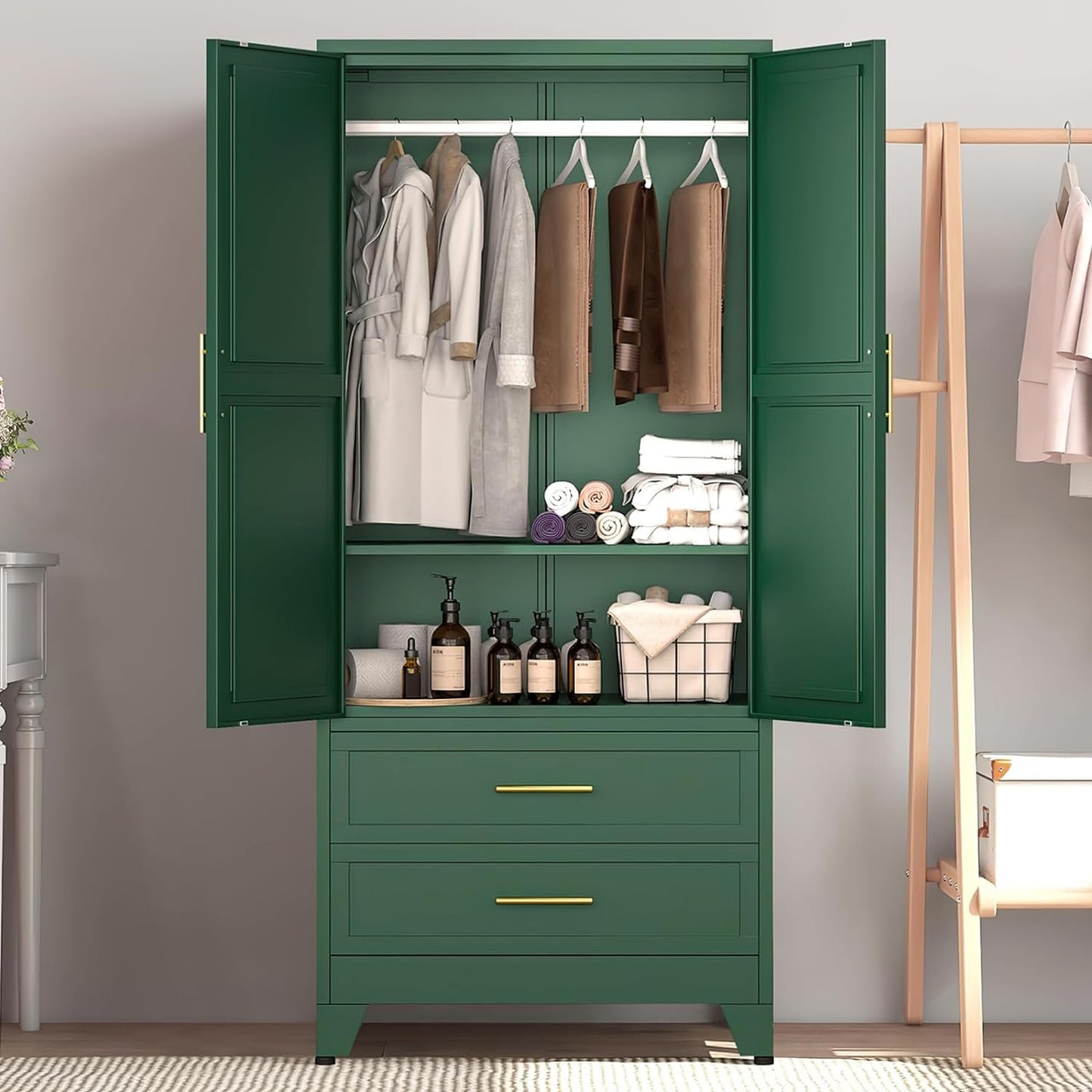 71" Metal Armoire Wardrobe Closet with 2 Drawers, Freestanding 2-Door Tall Clothing Storage with Adjustable Shelves and Hanging Rod for Bedroom Dorm, Green