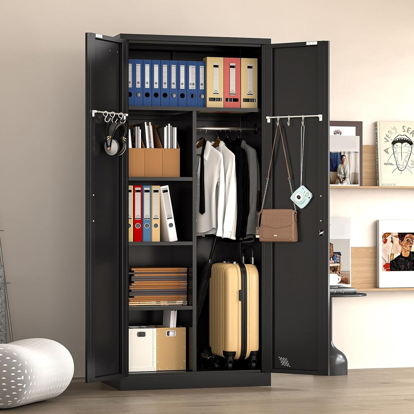 71" Armoire Wardrobe Closet with Hanging Rod, Metal Storage Cabinet with Locking Doors and Shelves, Freestanding Wardrobe with Hanging for Bedroom, Laundry Room, Black