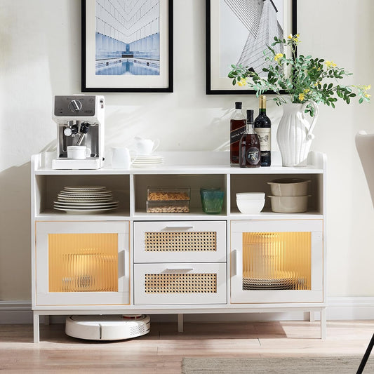 Sideboard Buffet Cabinet with LED Light, 47.69" W Modern Kitchen Storage Cabinet with Rattan Drawers and Acrylic Door for Dining Room Living Room Entryway, White