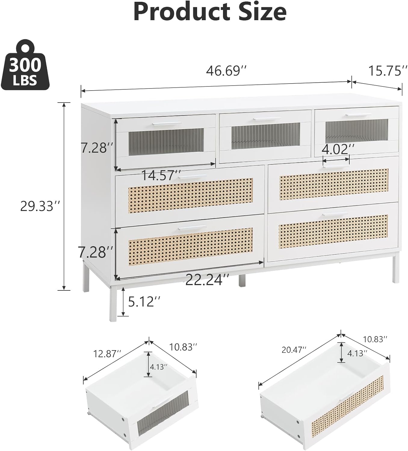 46.69" W Sideboard Buffet Cabinet with Rattan Drawers, Kitchen Storage Cabinet with Fluted Acrylic Door for Dining Room Hallway White 7 Drawers