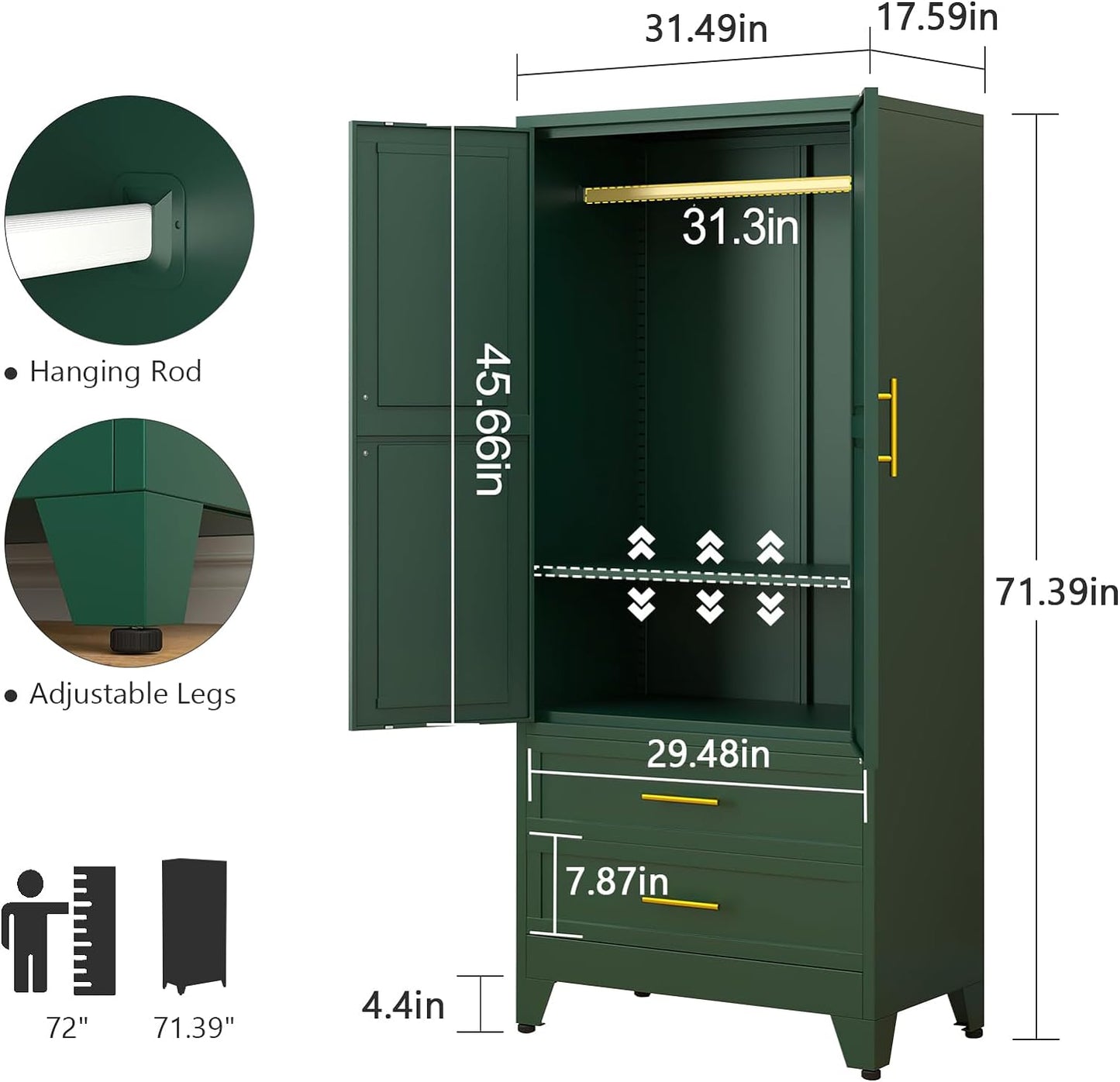 71" Metal Armoire Wardrobe Closet with 2 Drawers, Freestanding 2-Door Tall Clothing Storage with Adjustable Shelves and Hanging Rod for Bedroom Dorm, Green