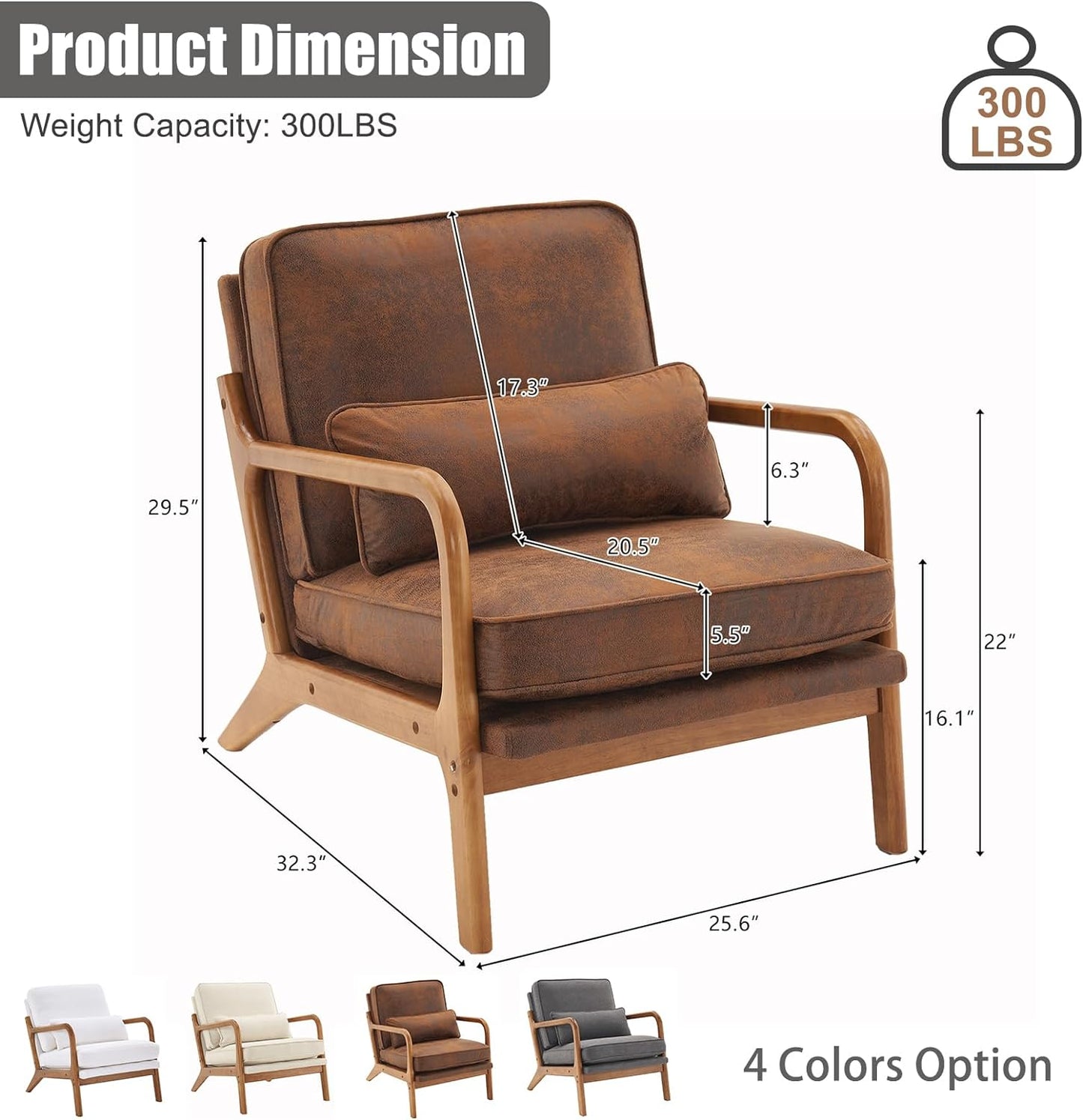 Mid Century Modern Accent Chair with Wood Frame Upholstered Lounge Bronzing Cloth Armchair Comfy Reading Leisure Chair with Cushion for Living Room Bedroom Balcony, Brown