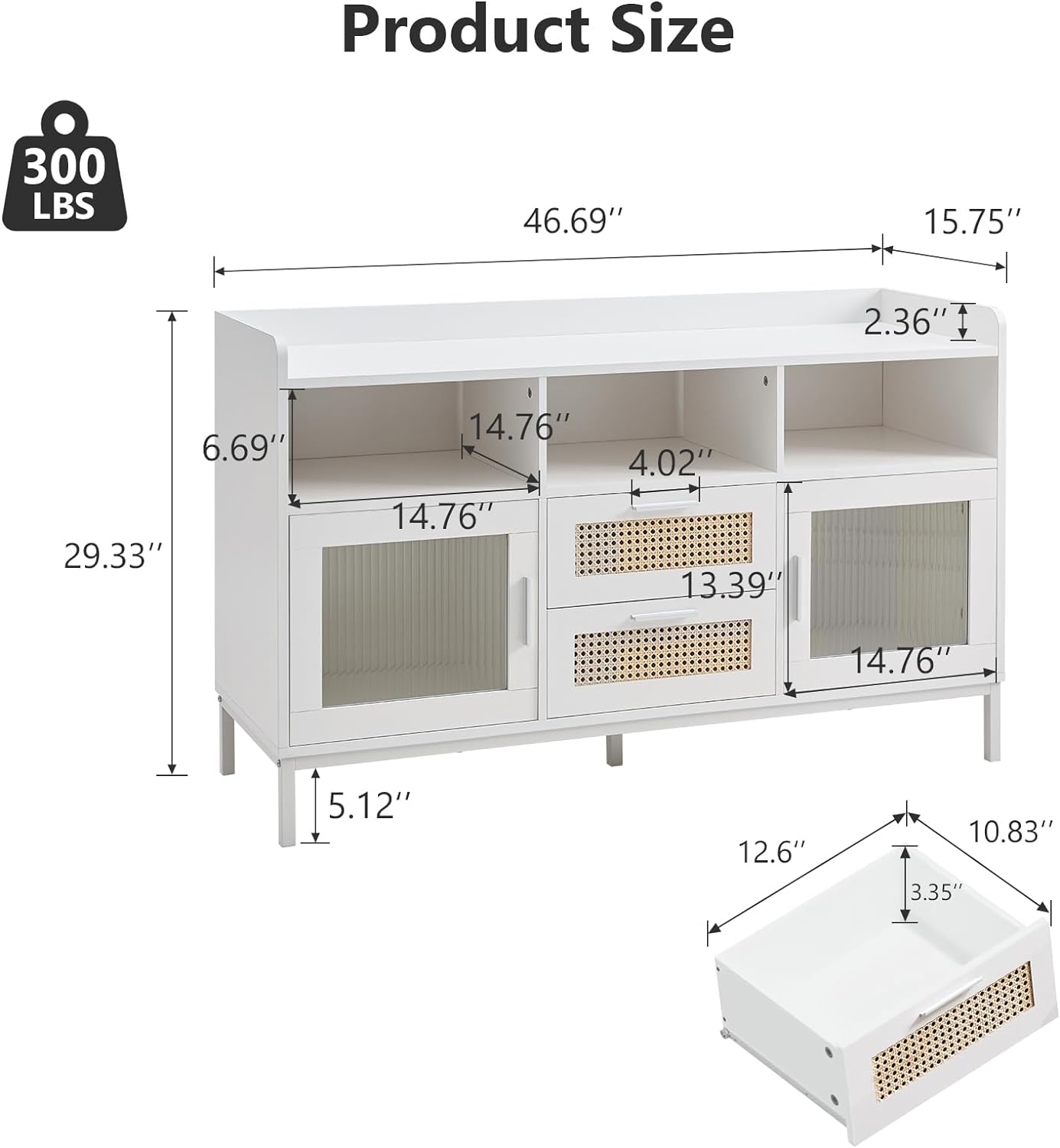 Sideboard Buffet Cabinet with LED Light, 47.69" W Modern Kitchen Storage Cabinet with Rattan Drawers and Acrylic Door for Dining Room Living Room Entryway, White