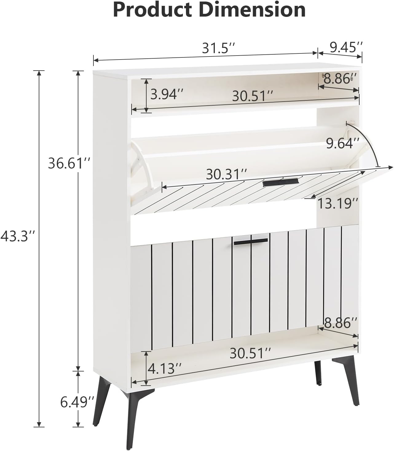 Shoe Cabinet Storage for Entryway Striped Shoe Rack Cabinet with 2 Flip Drawers Modern Free Standing Narrow Slim Hidden Shoes Organizers with Shelves for Living Room Bedroom Hallway, White