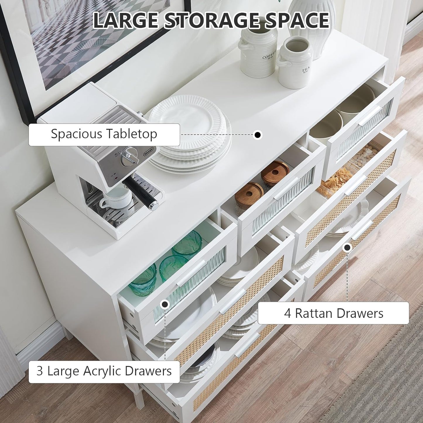 46.69" W Sideboard Buffet Cabinet with Rattan Drawers, Kitchen Storage Cabinet with Fluted Acrylic Door for Dining Room Hallway White 7 Drawers