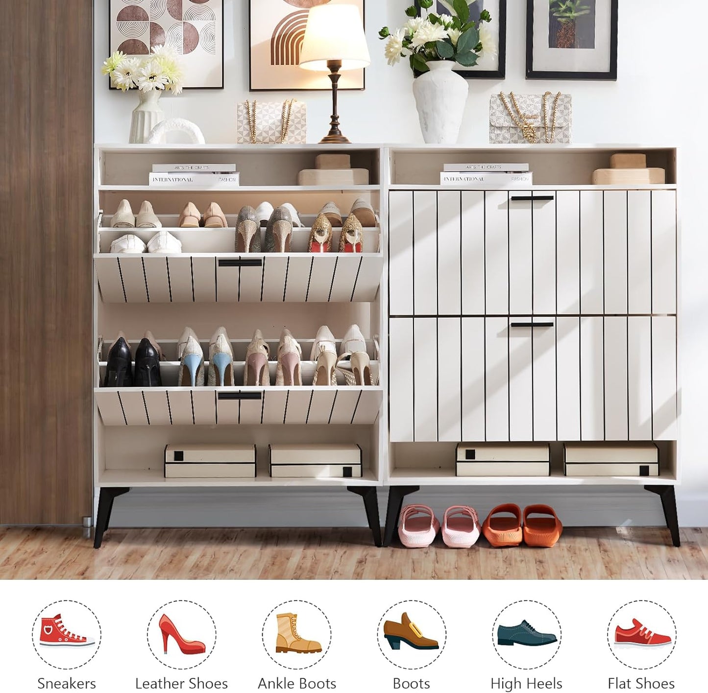 Shoe Cabinet Storage for Entryway Striped Shoe Rack Cabinet with 2 Flip Drawers Modern Free Standing Narrow Slim Hidden Shoes Organizers with Shelves for Living Room Bedroom Hallway, White