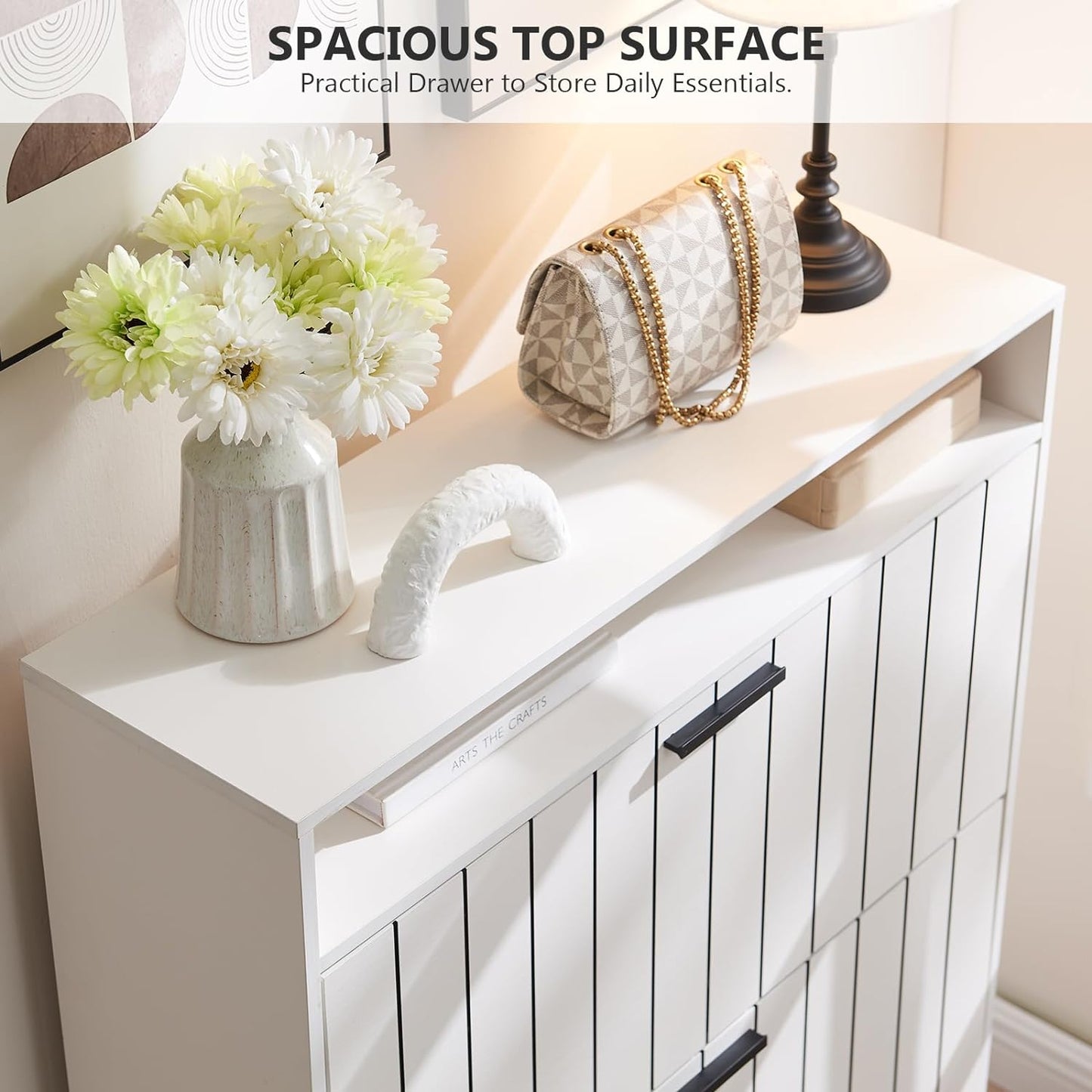 Shoe Cabinet Storage for Entryway Striped Shoe Rack Cabinet with 2 Flip Drawers Modern Free Standing Narrow Slim Hidden Shoes Organizers with Shelves for Living Room Bedroom Hallway, White