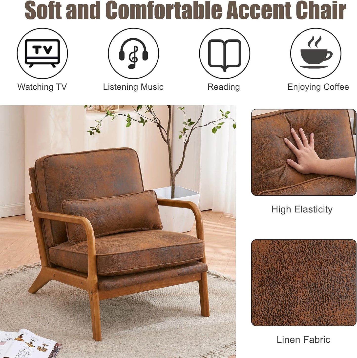 Mid Century Modern Accent Chair with Wood Frame Upholstered Lounge Bronzing Cloth Armchair Comfy Reading Leisure Chair with Cushion for Living Room Bedroom Balcony, Brown