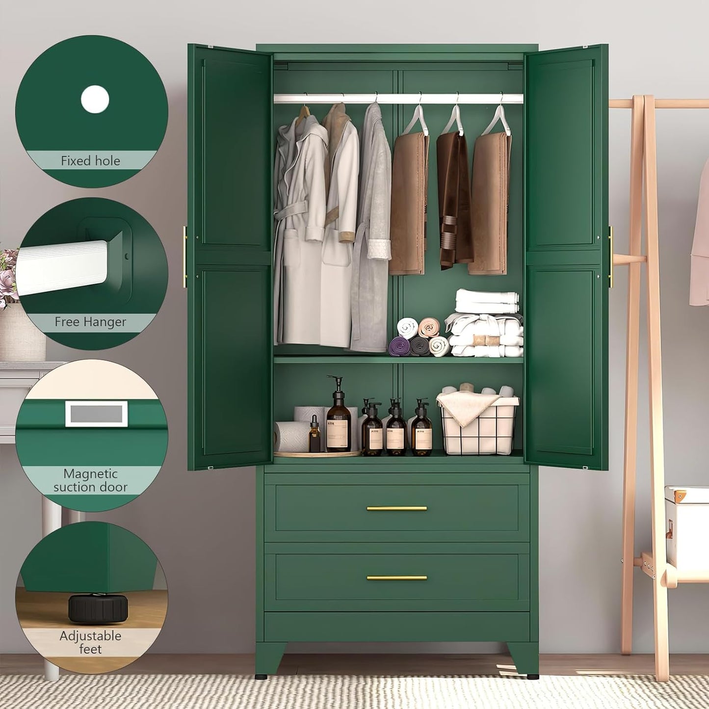 71" Metal Armoire Wardrobe Closet with 2 Drawers, Freestanding 2-Door Tall Clothing Storage with Adjustable Shelves and Hanging Rod for Bedroom Dorm, Green