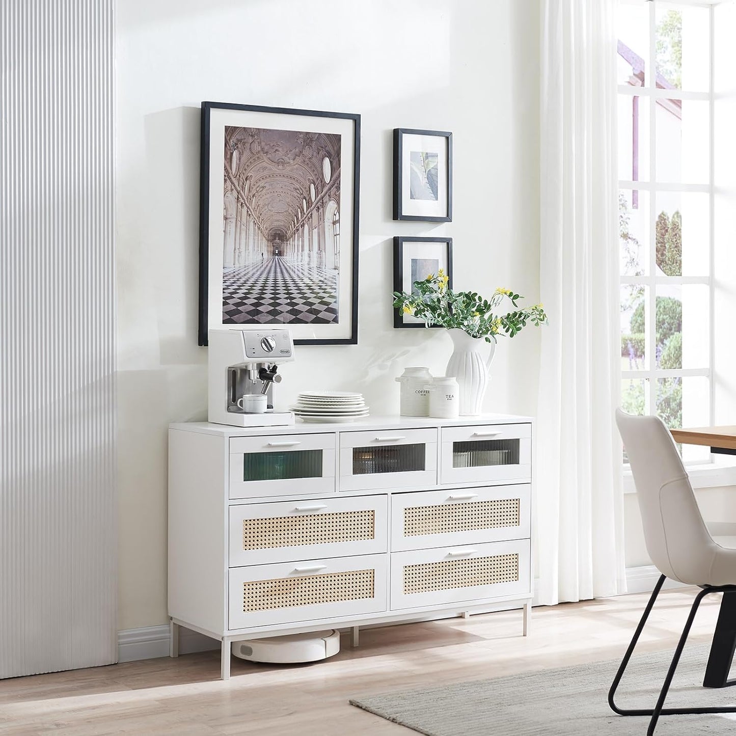 46.69" W Sideboard Buffet Cabinet with Rattan Drawers, Kitchen Storage Cabinet with Fluted Acrylic Door for Dining Room Hallway White 7 Drawers