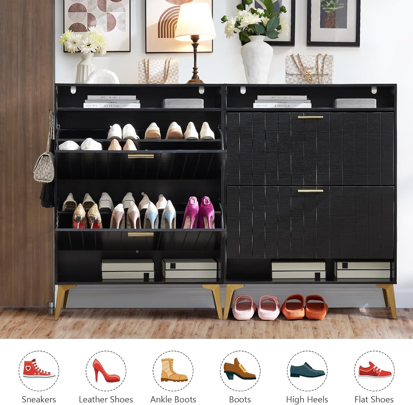 Shoe Cabinet Storage for Entryway Striped Shoe Rack Cabinet with 2 Flip Drawers Modern Free Standing Narrow Slim Hidden Shoes Organizers with Shelves for Living Room Bedroom Hallway, Black