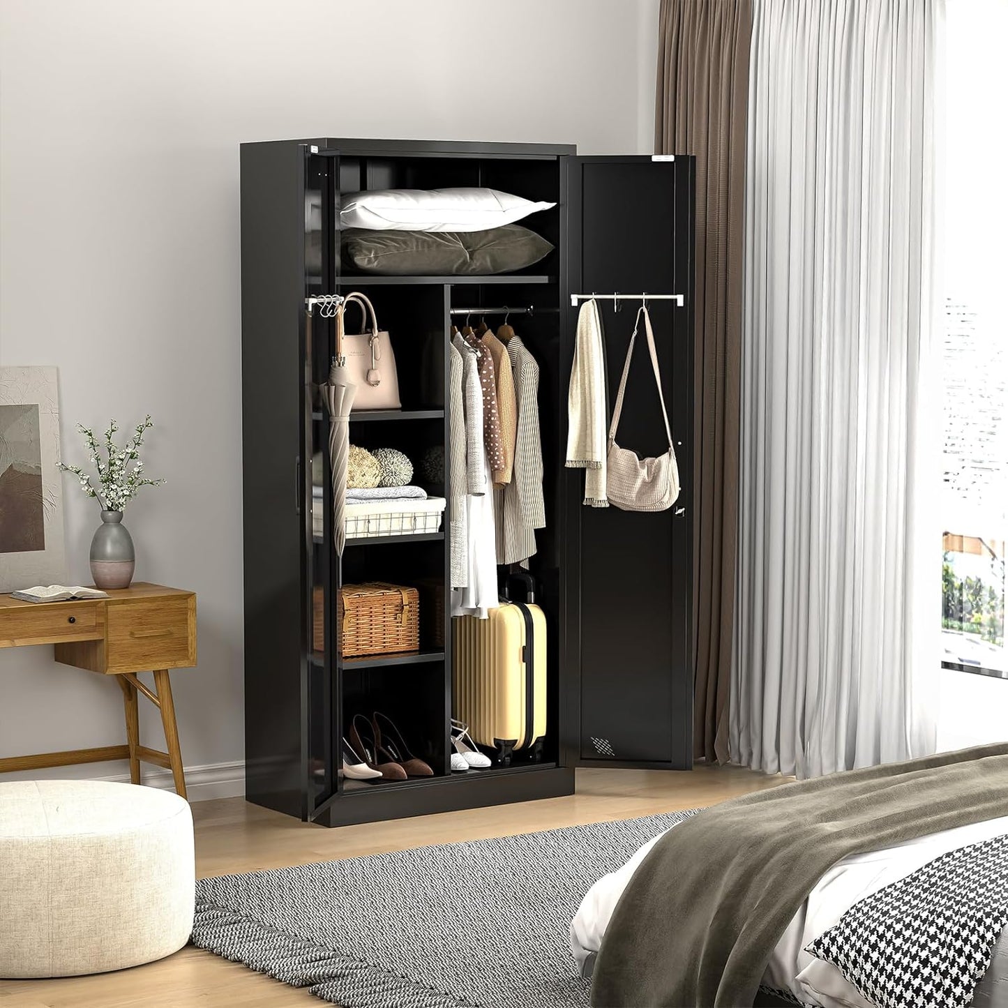 71" Armoire Wardrobe Closet with Hanging Rod, Metal Storage Cabinet with Locking Doors and Shelves, Freestanding Wardrobe with Hanging for Bedroom, Laundry Room, Black