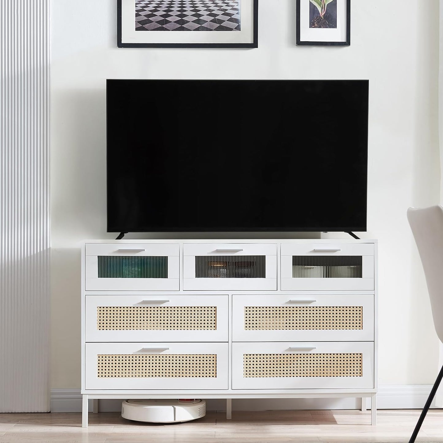 46.69" W Sideboard Buffet Cabinet with Rattan Drawers, Kitchen Storage Cabinet with Fluted Acrylic Door for Dining Room Hallway White 7 Drawers