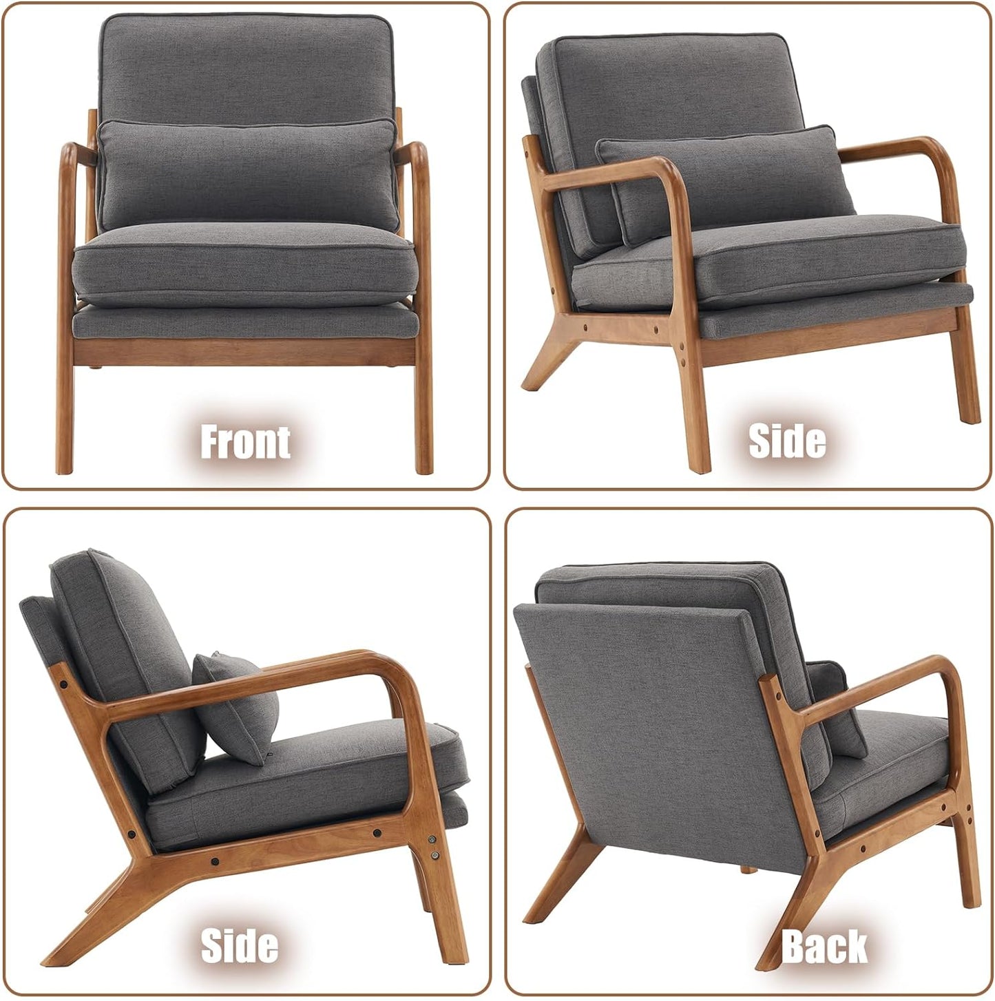 Mid Century Modern Accent Chair with Wood Frame Upholstered Lounge Linen Fabric Armchair Comfy Reading Leisure Chair with Cushion for Living Room Bedroom Balcony, Dark Grey