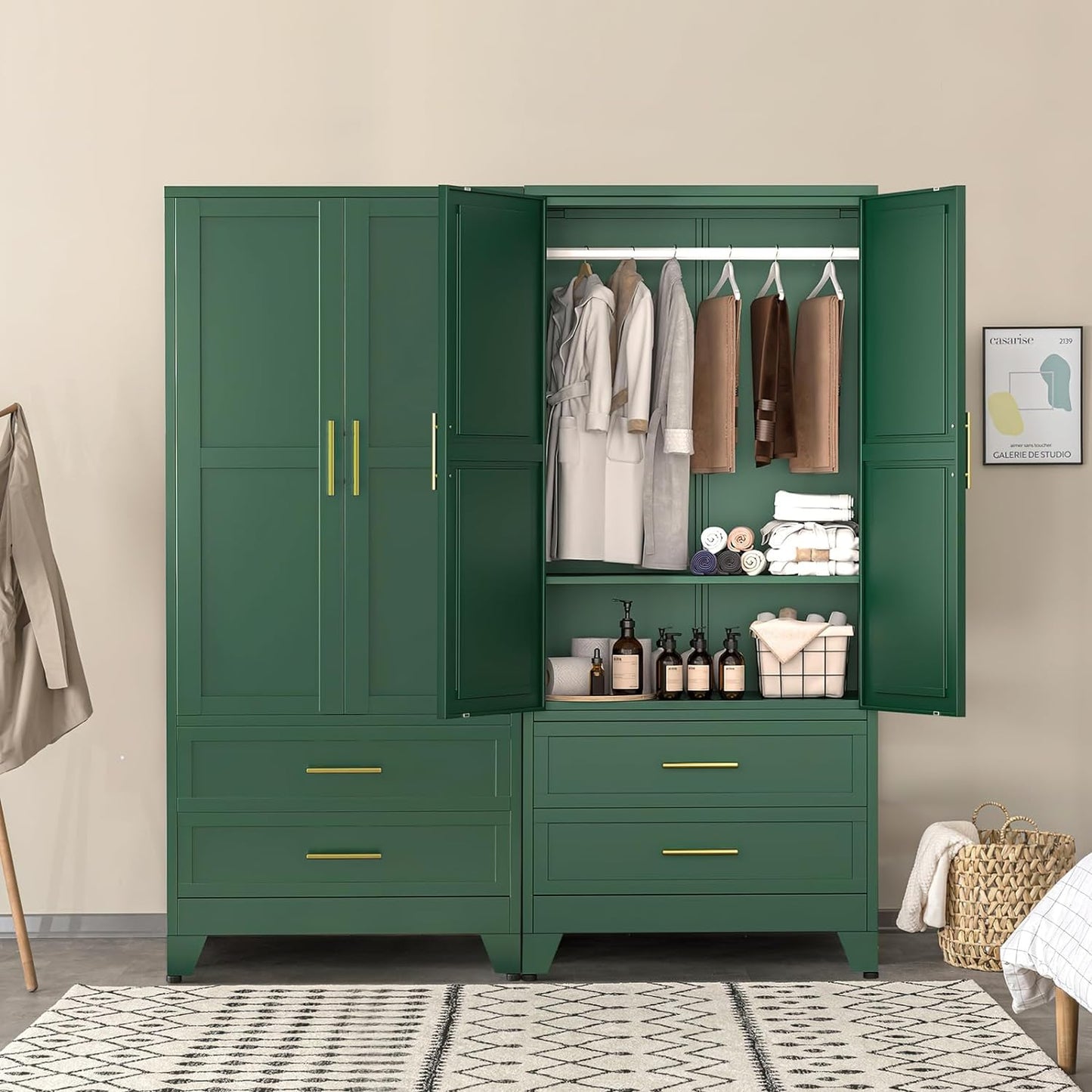 71" Metal Armoire Wardrobe Closet with 2 Drawers, Freestanding 2-Door Tall Clothing Storage with Adjustable Shelves and Hanging Rod for Bedroom Dorm, Green