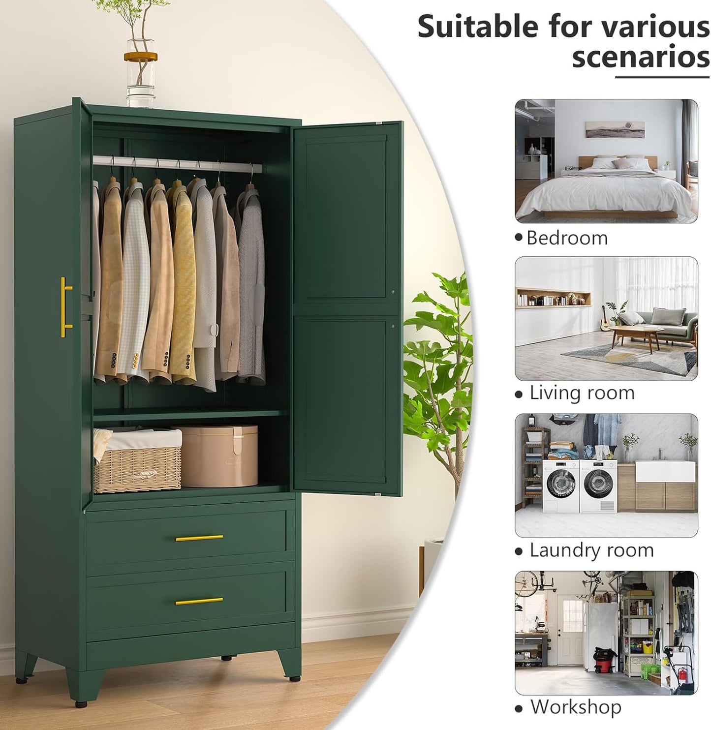 71" Metal Armoire Wardrobe Closet with 2 Drawers, Freestanding 2-Door Tall Clothing Storage with Adjustable Shelves and Hanging Rod for Bedroom Dorm, Green